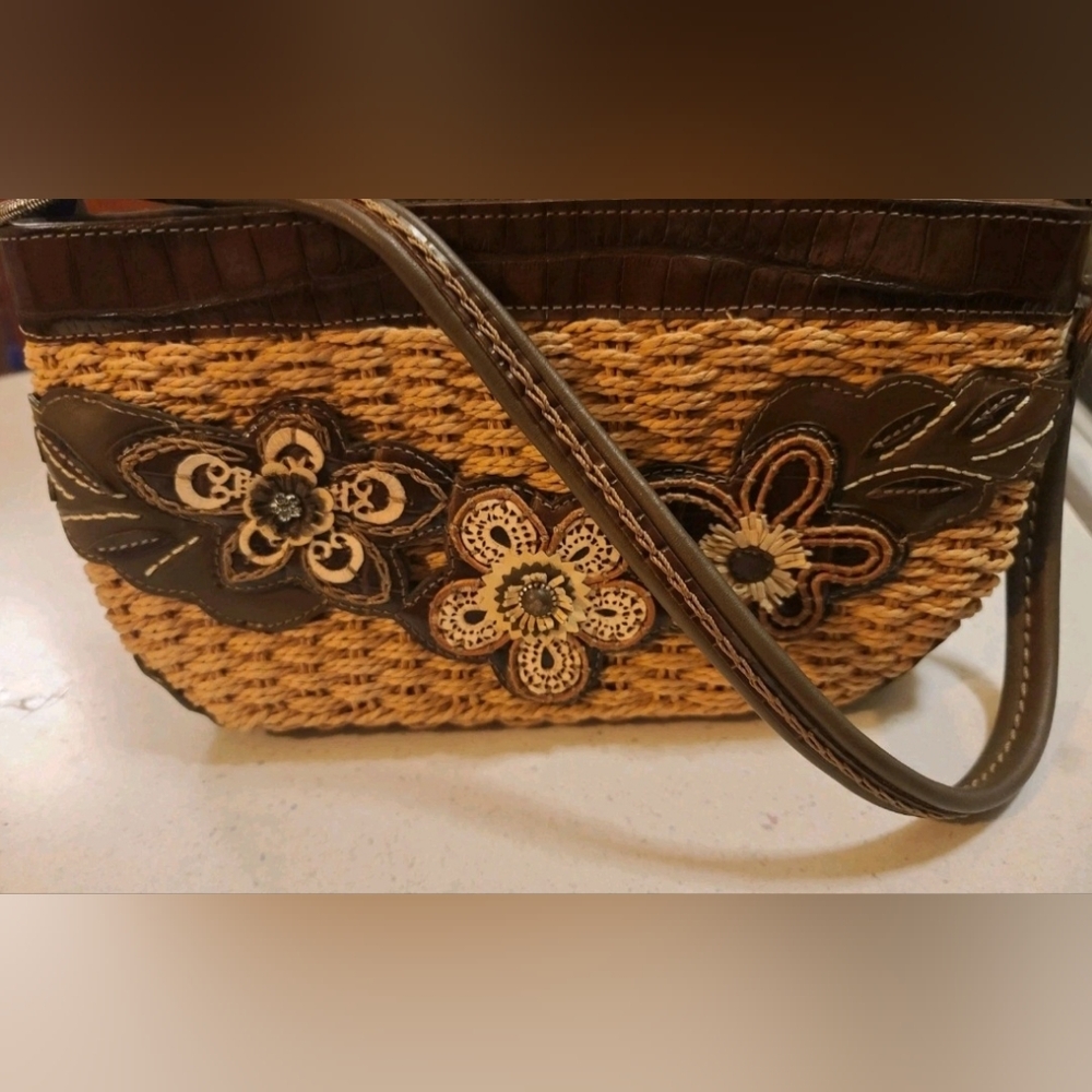 Brighton Mini Shoulder Raffia Bag with Brown Leather & Floral Appliqué Accents